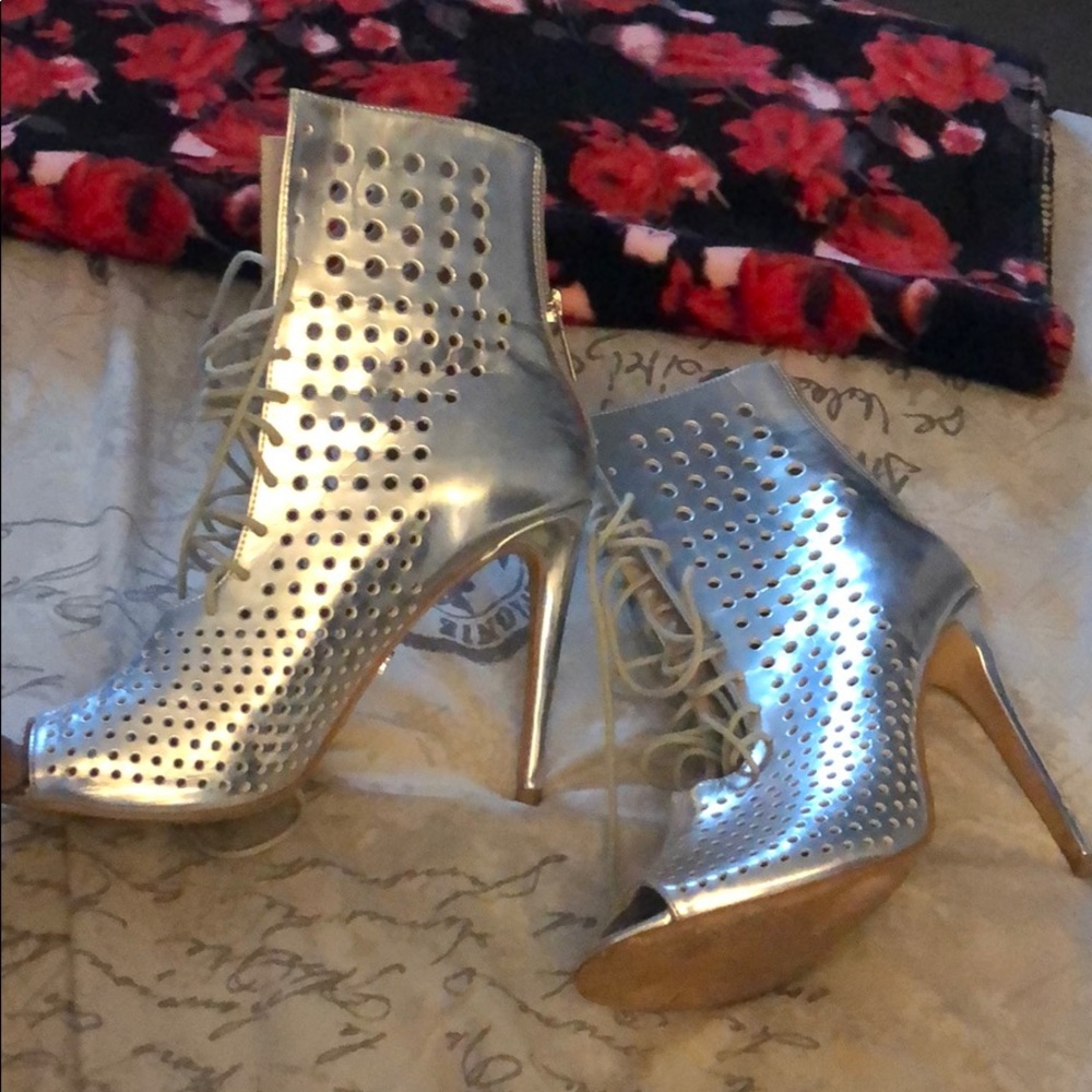 Silver peep toe booties